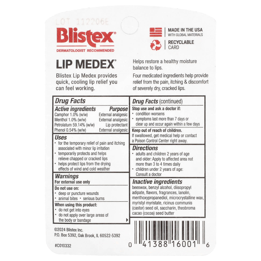 Blistex, Lip Medex®, защитное средство для губ и наружное обезболивающее, 10,75 г (0,38 унции)