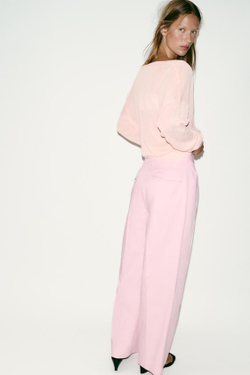 ZARA БРЮКИ С ШИРОКИМИ ШТАНИНАМИ И ЗАЩИПАМИ, РОЗОВЫЙ