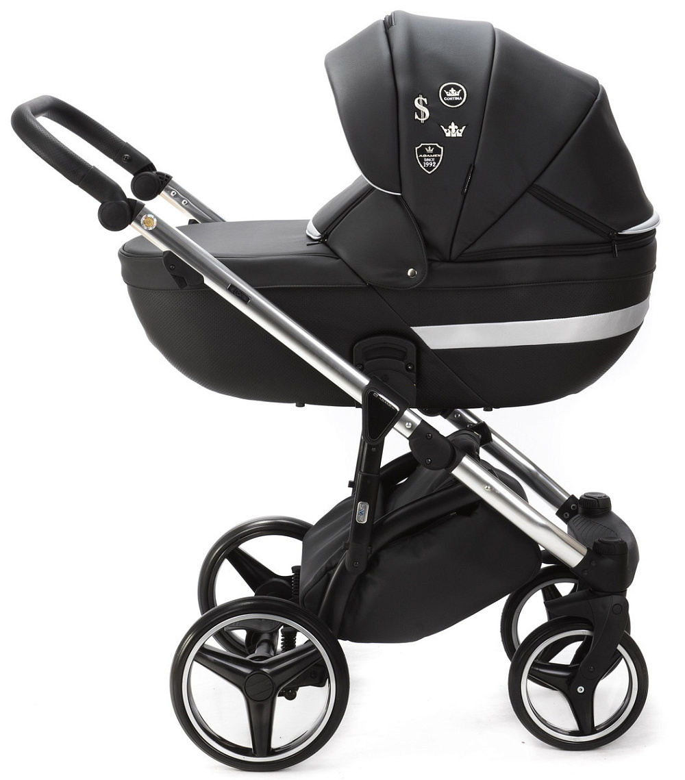 Детская коляска Adamex Cortina Deluxe 3 в 1 CT334/A (ЧЕРН.КОЖА+СЕРЕБ.ОТДЕЛКА+ХРОМ РАМА)