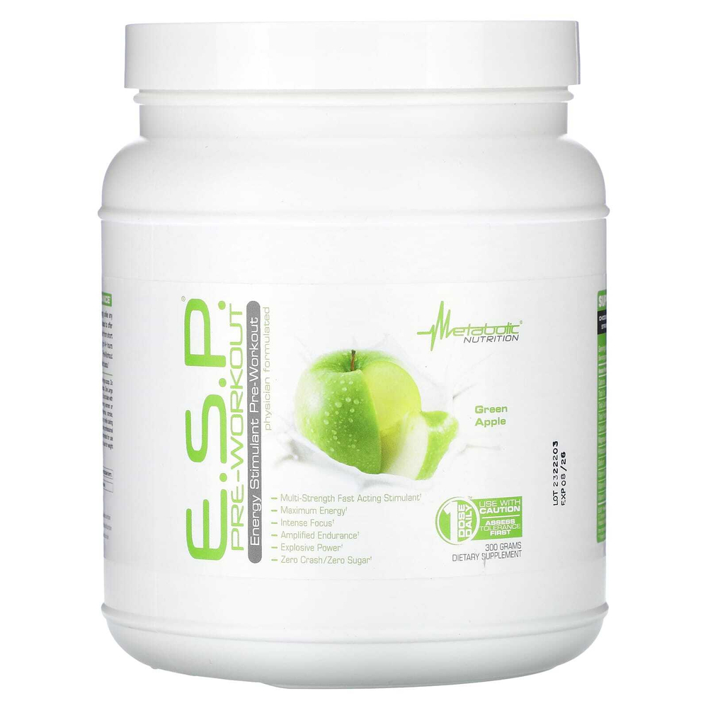 Metabolic Nutrition, ESP® Pre-Workout, зеленое яблоко, 300 г