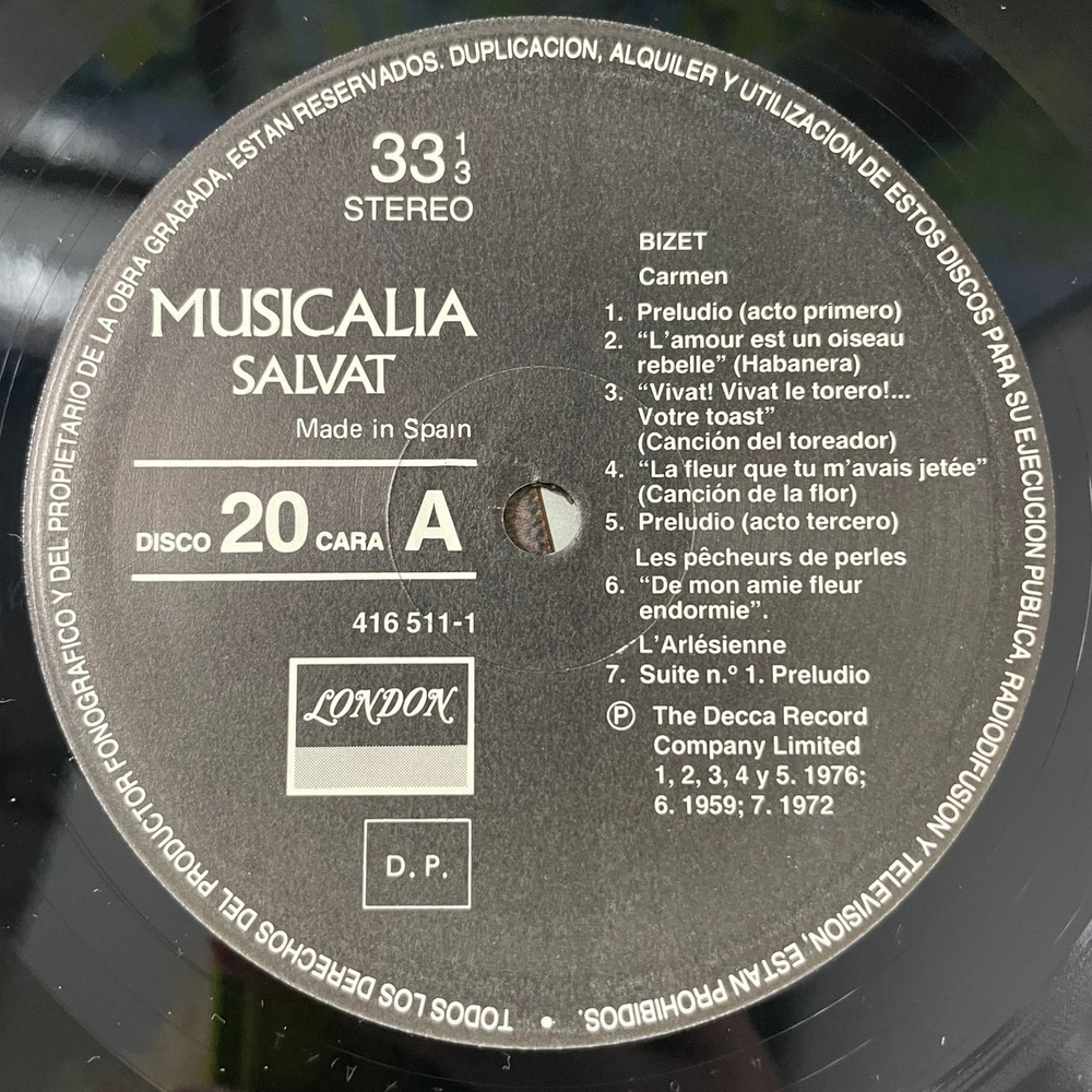 Винтажная виниловая пластинка LP Musicalia 20. Bizet Жорж Бизе (Испания 1986) Кармен, Арлезианка