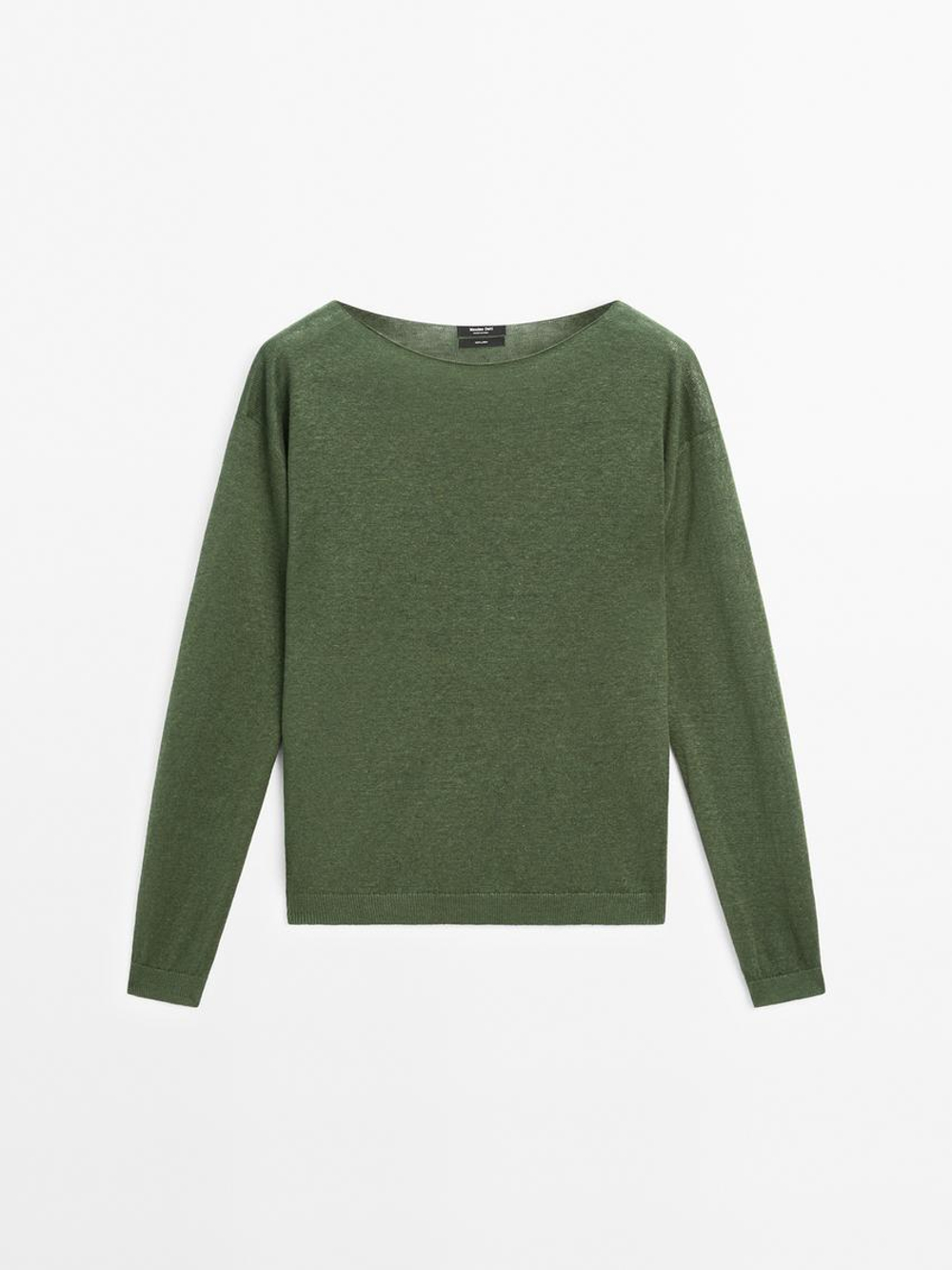 Massimo Dutti Свитер из 100% льна с вырезом лодочкой, цвет мха