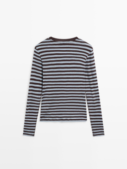 Massimo Dutti Футболка из смесового хлопка с длинными рукавами, коричневый