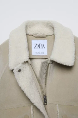 ZARA КУРТКА ИЗ ДВУСТОРОННЕЙ ТКАНИ С ИСКУССТВЕННОЙ ОВЧИНОЙ, БЕЖЕВЫЙ/ЗЕЛЕНЫЙ