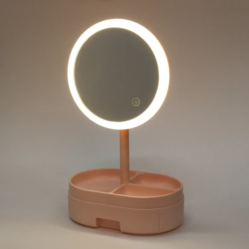 Зеркало настольное с подсветкой и органайзером «Beauty», цвет розовый, USB, 35*18см