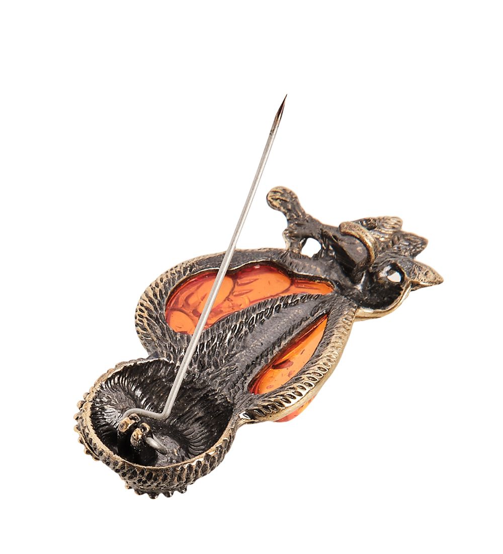 AM-2036 Брошь «Сова Ночь» (латунь, янтарь)