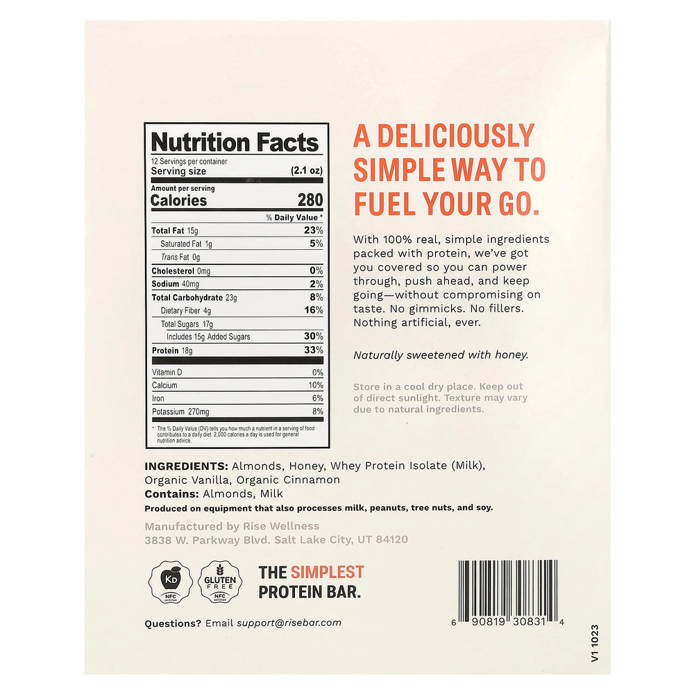 Rise Bar, Протеиновый батончик, мед и корица, 12 батончиков, 60 г (2,1 унции)
