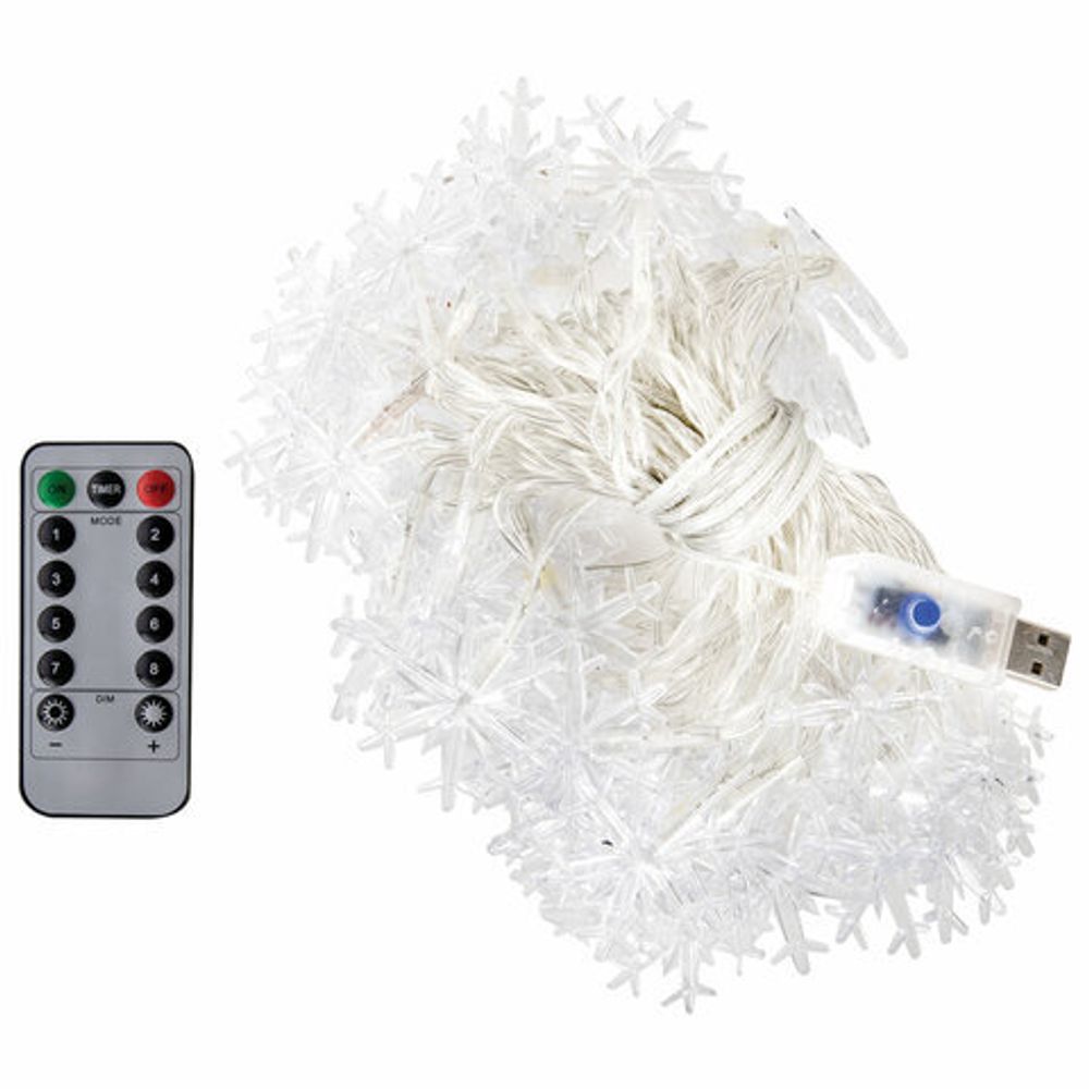 Электрогирлянда-нить комнатная "Снежинки" 10 м, 80 LED, теплый белый, USB, ЗОЛОТАЯ СКАЗКА, 592204