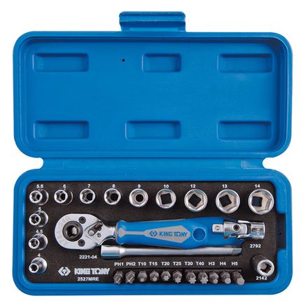 Цена на KING TONY (2527MRE) Набор торцевых головок с принадлежностями 1/4", 6-гранные, 4-14 мм, 27 предметов