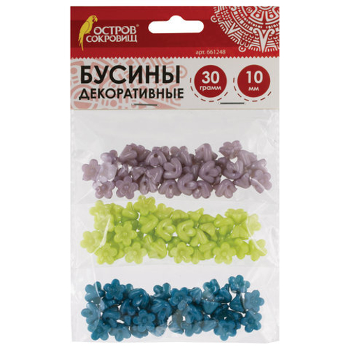 Бусины для творчества "Цветы", 10мм, 30г, серые, голубые, салатовые, ОСТРОВ СОКРОВИЩ