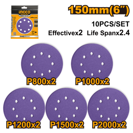 Набор шлифовальных кругов INGCO AKRS150101 INDUSTRIAL 150 мм 10 шт. Р800-2000 8 отв.