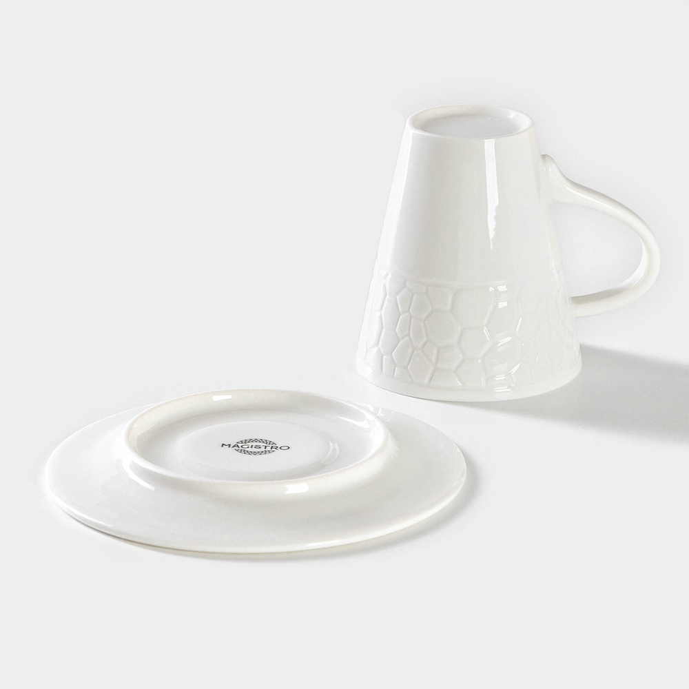 Чайная пара Magistro Rodos, 2 предмета: чашка 220 мл, блюдце d=15 см, фарфор, белая