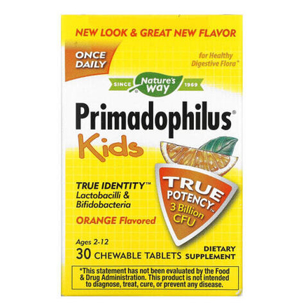 Детское здоровье Nature's Way, Primadophilus, для детей от 2 до 12 лет, вкус апельсина, 3 млрд КОЕ, 30 жевательных таблеток