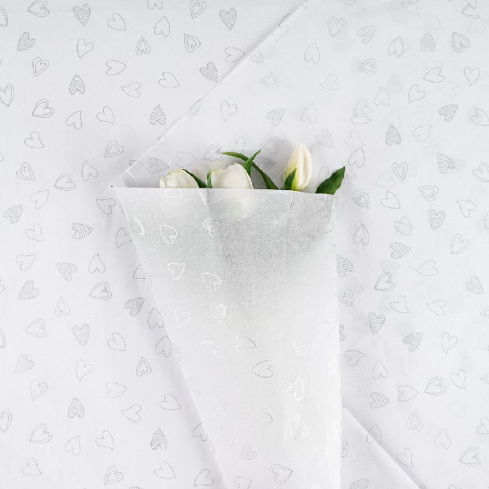Бумага тишью "Разные сердца" 49*69см Серебряные на белом (20л)