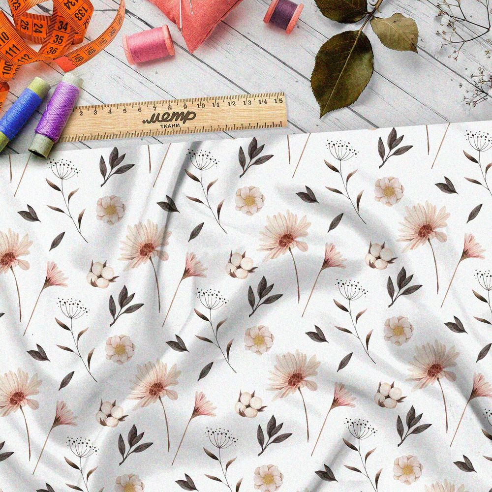 Ткань футер 2-х нитка полевые розовые цветы на бежевом фоне