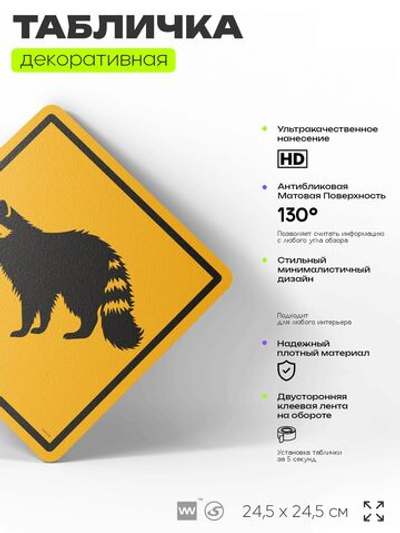 Табличка прикольная "Осторожно, еноты" на дверь и стену, информационная и предупреждающая, декоративный знак, 24,5х24,5 см, пластиковая, Айдентика Технолоджи