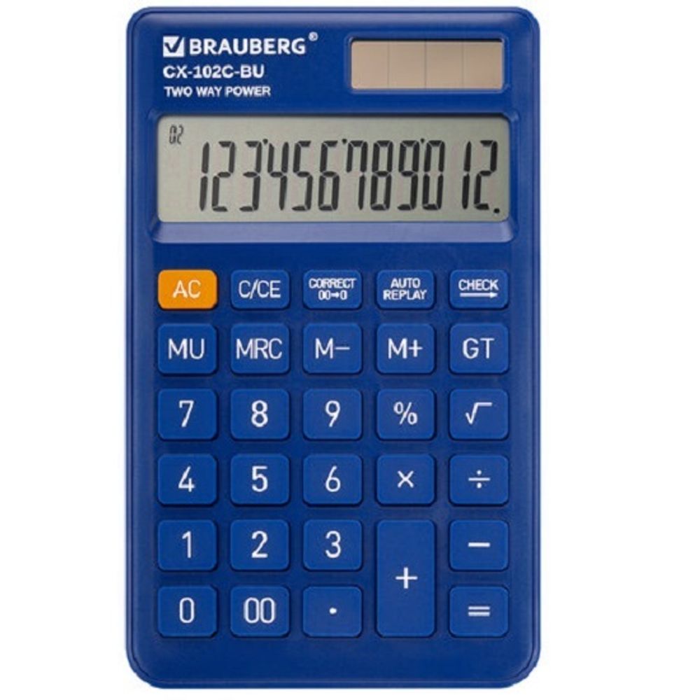 Калькулятор карманный Brauberg, 12 разрядов, CX-102C-BU, двойное питание, 76х126х9мм, синий