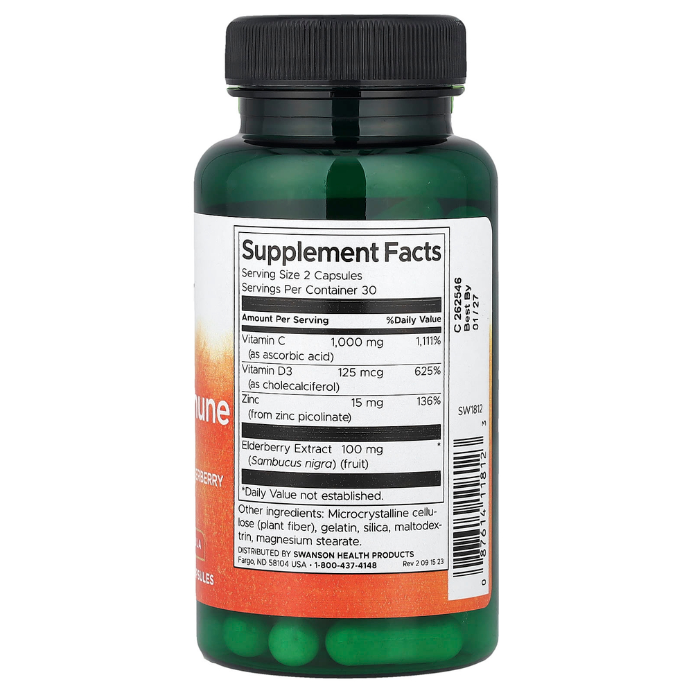 Swanson, высокоэффективное средство для укрепления иммунитета с витаминами C, D, цинком и бузиной, 60 капсул