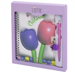 Блокнот в футляре, 18 см * 22 см, гребень, Alingar, мат.ламин, эффект 3D, ручка, замочек, диз. блок, линия, 45 л., "Тюльпаны", сиреневый