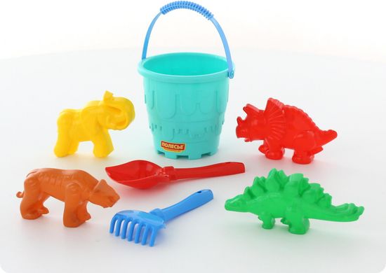 Набор №527: Ведро-замок большое, лопатка №5, грабельки №5, формочки (тигр + мамонт + динозавр №1 + динозавр №2)
