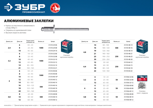 Алюминиевые заклепки, 4.8 х 8 мм, 500 шт., ЗУБР Профессионал