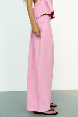 ZARA ШИРОКИЕ БРЮКИ ИЗ ПОПЛИНА, РОЗОВЫЙ/БЕЛЫЙ