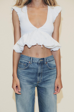 ZARA КОМБИНИРОВАННАЯ ФУТБОЛКА С БАНТОМ, БЕЛЫЙ