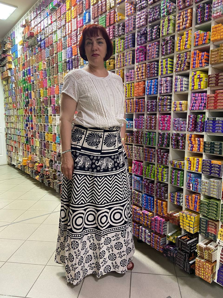 Юбка на запах хлопок павлины слоны зигзаги круги цвет черный белый free size (40-52) 474724