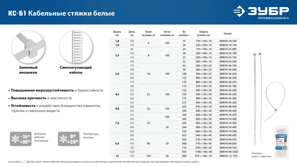 ЗУБР КС-Б1, 4.5 x 180 мм, нейлон РА66, 100 шт, белые, кабельные стяжки, Профессионал (309010-45-180)