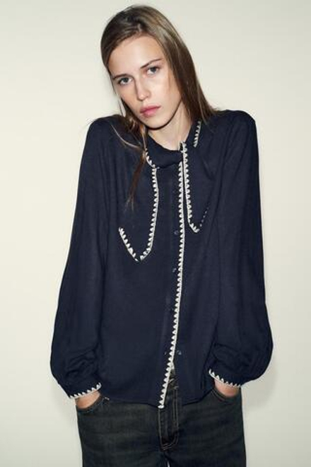 ZARA БЛУЗА С БАНТОМ, СИНИЙ