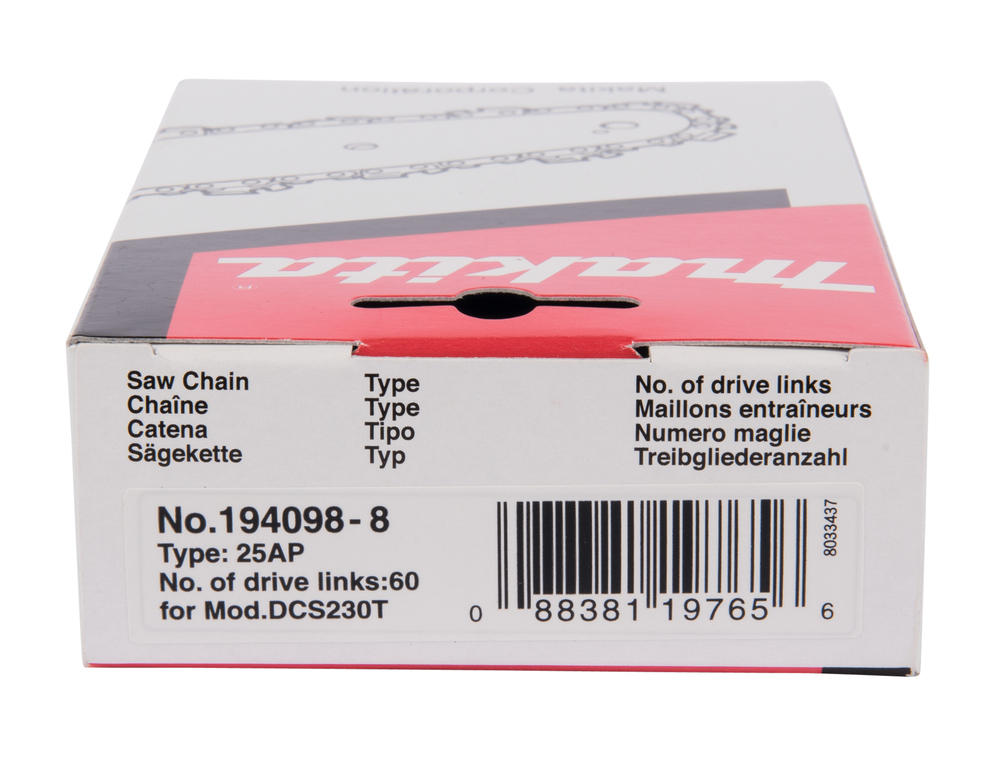 Цепь, длина 25см/10", шаг1/4", паз 1,3мм, 60 звеньев, 25AP (для художественной резки-карвинг) Makita 194098-8