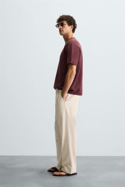 ZARA БРЮКИ ИЗ ХЛОПКА И ЛЬНА СО СКЛАДКАМИ, СВЕТЛО-БЕЖЕВЫЙ