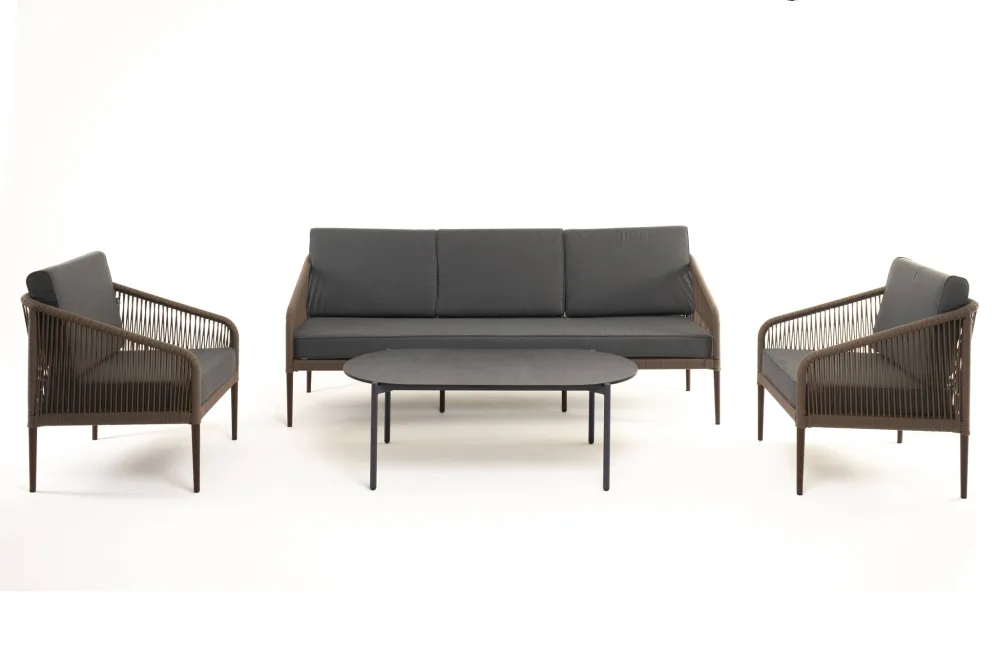 "Канны" лаунж-зона 5-местная из роупа со столом "Верона" (серый гранит), каркас алюминиевый коричневый, роуп коричневый