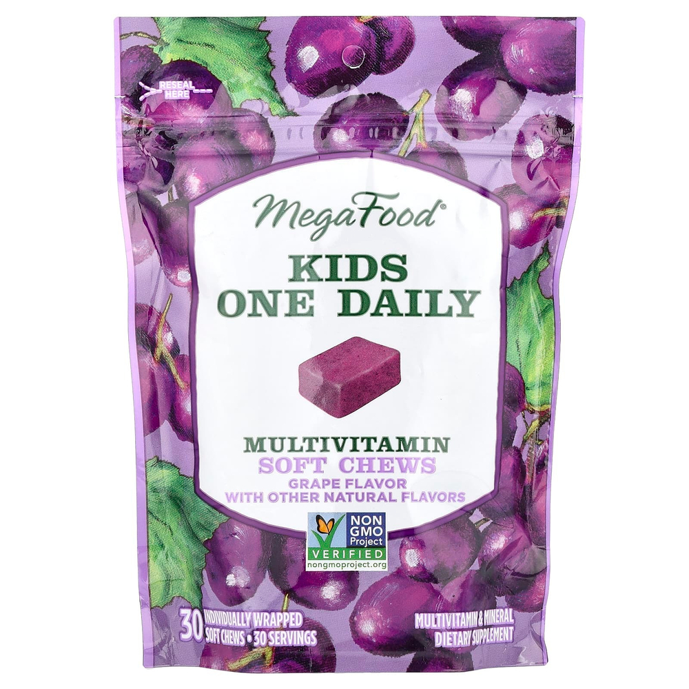 MegaFood, One Daily, для детей, жевательная мультивитаминная добавка, со вкусом винограда, 30 жевательных пастилок в индивидуальной упаковке
