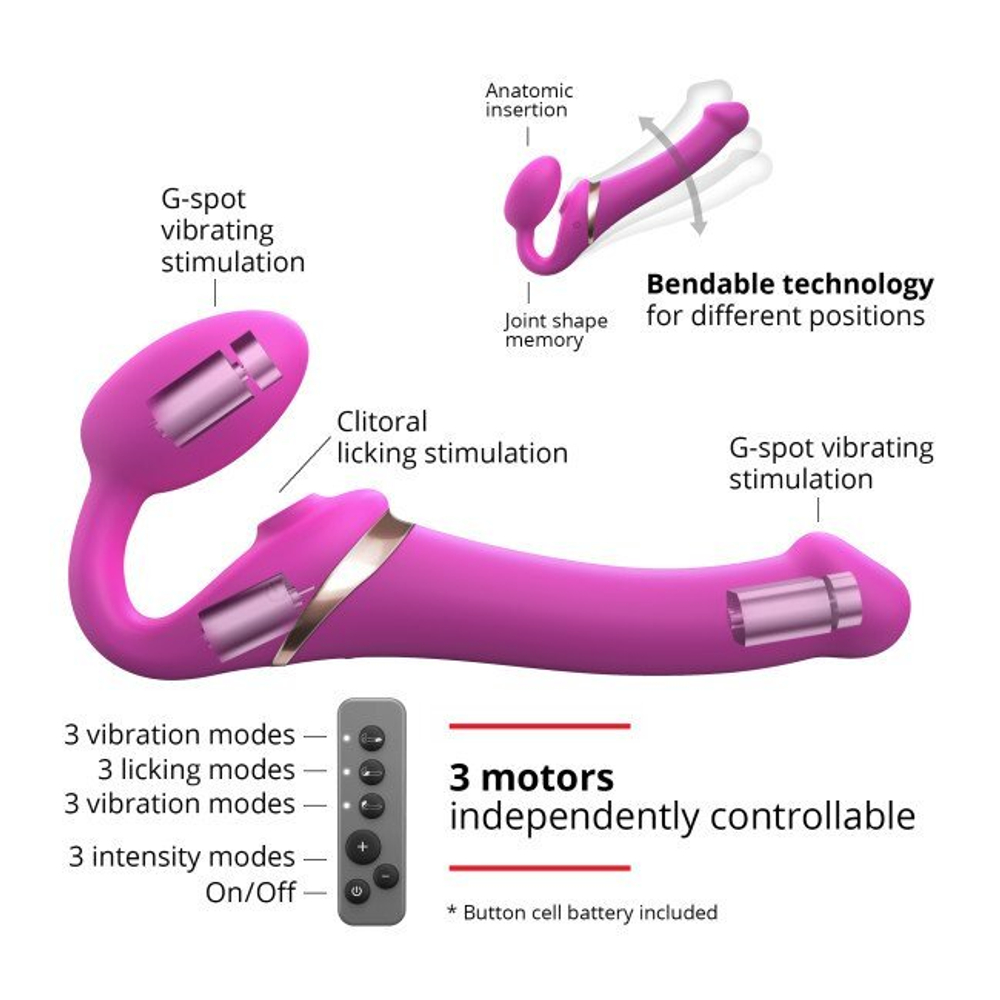 Гибкий страпон Strap-on-me MULTI ORGASM с имитацией оральных ласк и вибрацией, фуксия, S