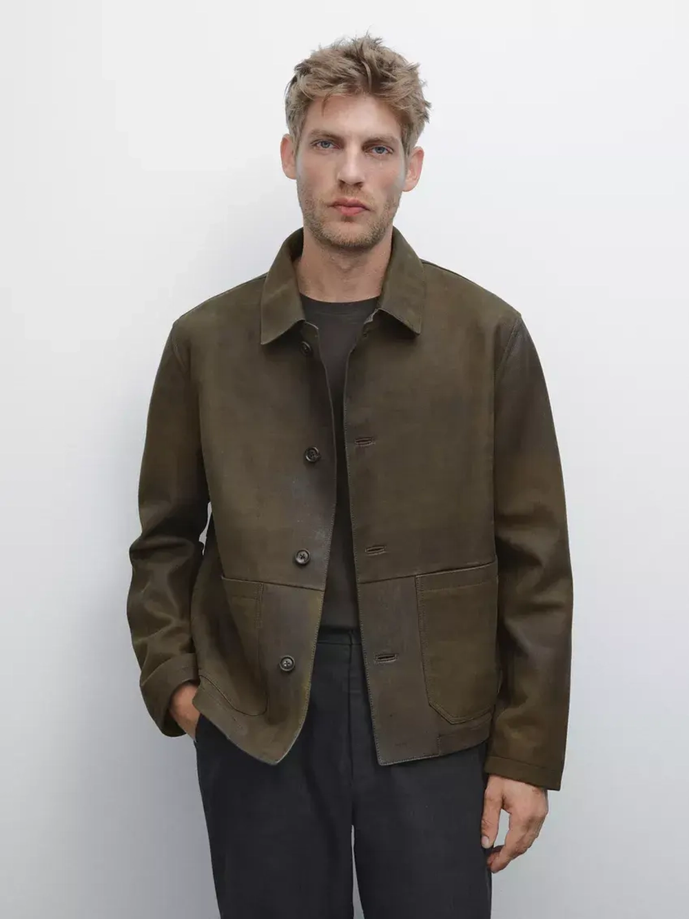 Massimo Dutti Куртка из 100% овечьей кожи с эффектом потертости, зеленый