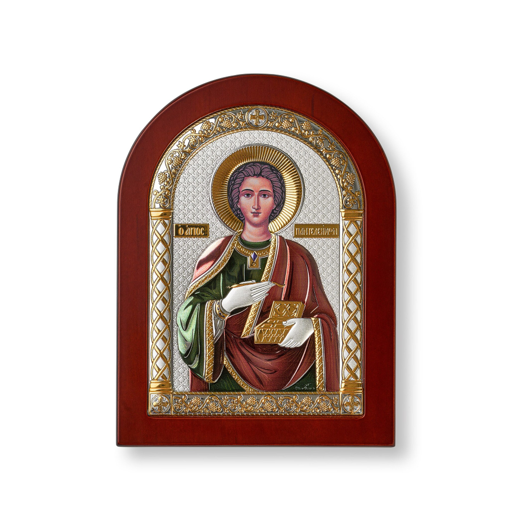 Пантелеймон, икона арочная, красное дерево, эмаль 105х140