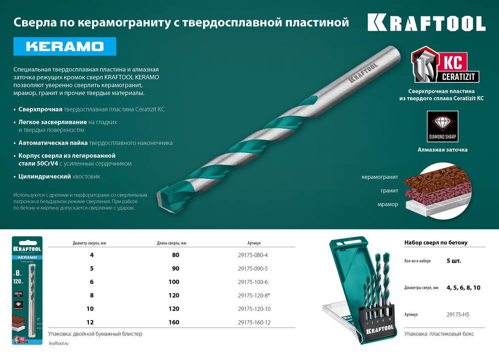 KRAFTOOL Keramo, 5 шт: 4-5-6-8-10 мм набор сверл по керамограниту с твердосплавной пластиной (29175-H5)