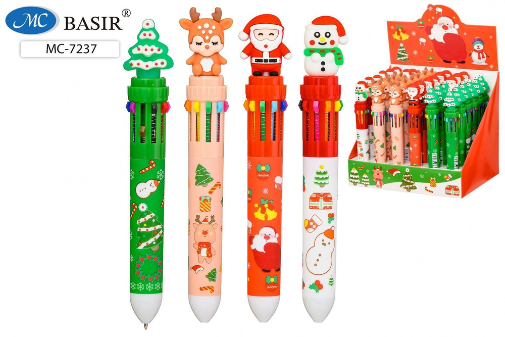 Ручка шариковая автоматическая 10-ти цветная "Новогодние" в ассортименте (Basir)