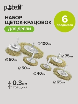 Набор щёток со шпильками из 6 предметов: плоские 40,50,65,75,100мм и чашка 50 мм, латунированных,Pobedit