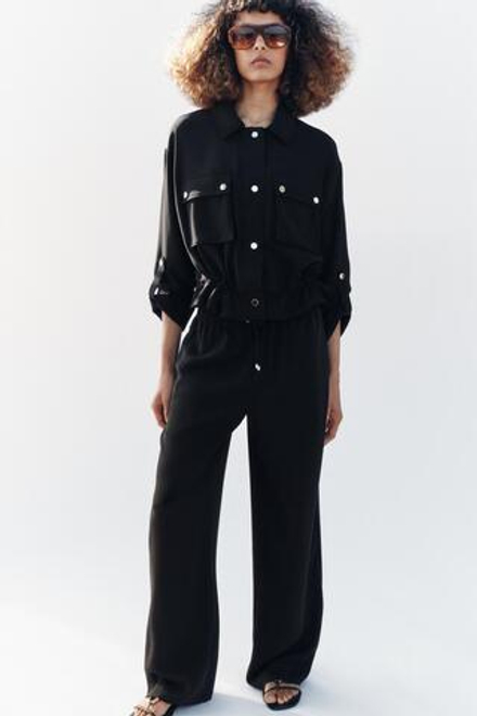 ZARA СТРУЯЩИЕСЯ БРЮКИ В ПИЖАМНОМ СТИЛЕ, ЧЕРНЫЙ