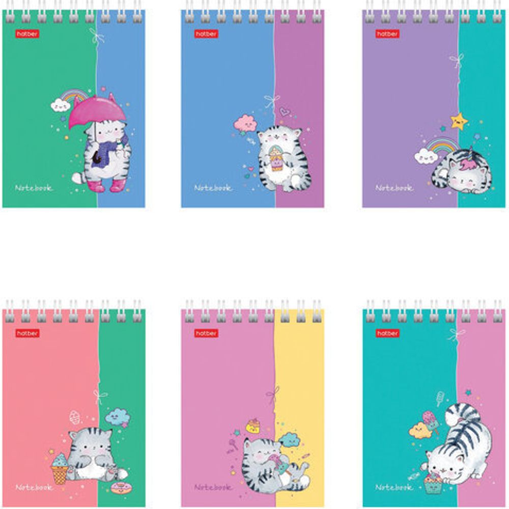 Блокнот МАЛЫЙ ФОРМАТ (75х105 мм) А7, 60 л., гребень, картон, клетка, HATBER, "Приключения кота", 60Б7В1гр