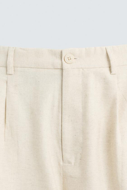 ZARA БРЮКИ ИЗ ХЛОПКА И ЛЬНА СО СКЛАДКАМИ, СВЕТЛО-БЕЖЕВЫЙ