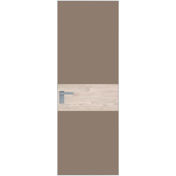 Алюминиевая дверь 5AGК кромка серебро стекло монохром капучино вставка дуб сонома