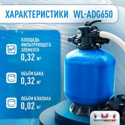 Песочный фильтр WL-ADG650 для бассейна до 128 м³, до 160 кг песка, до 16000 л/ч
