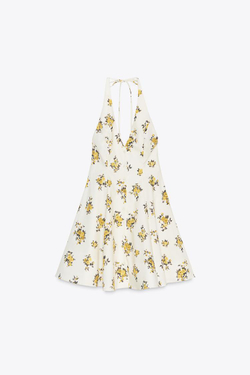 ZARA КОРОТКОЕ ПЛАТЬЕ-ХАЛТЕР С ЦВЕТОЧНЫМ ПРИНТОМ, ЭКРЮ/ЖЕЛТЫЙ