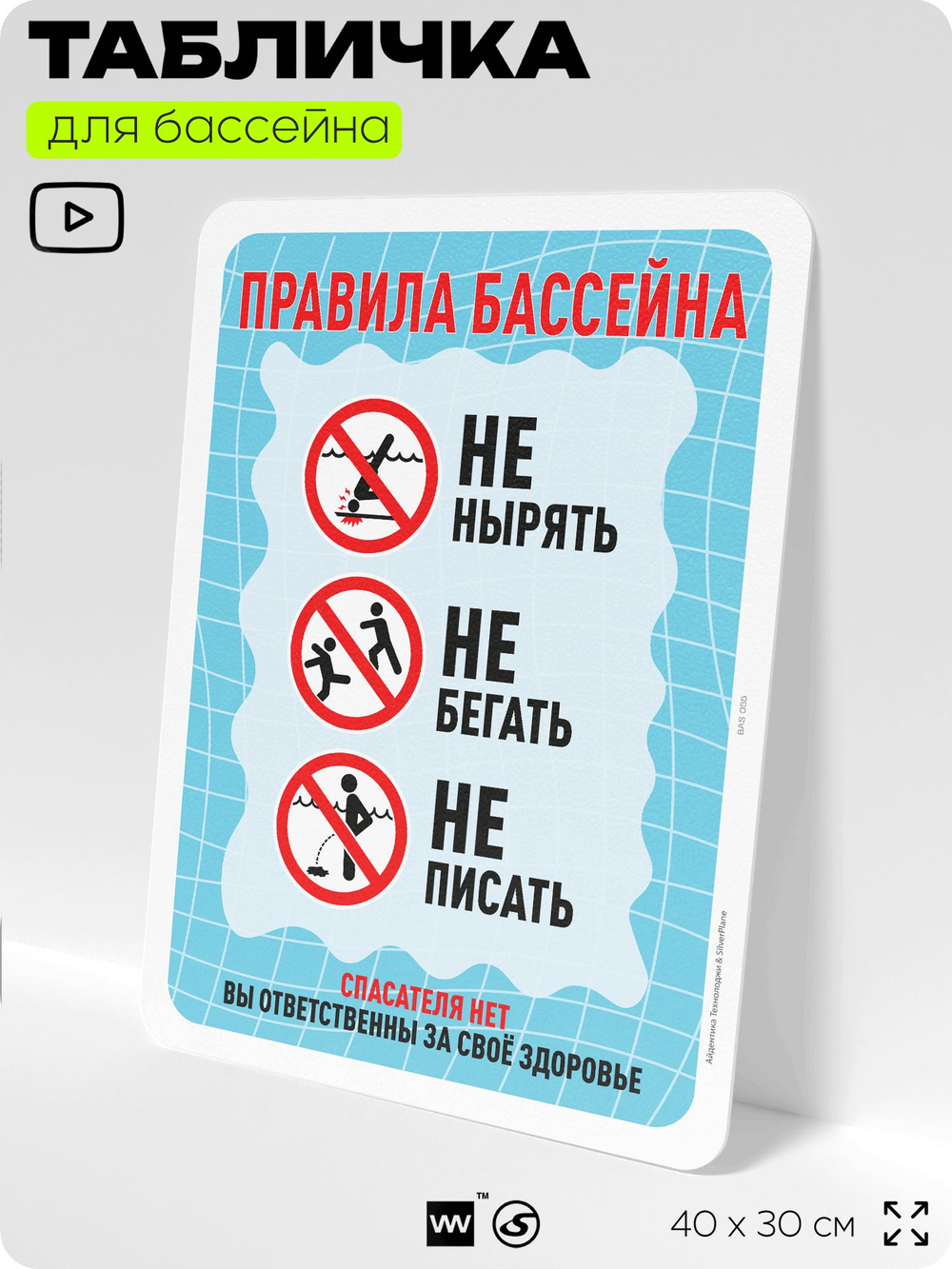 Табличка для бассейна "Правила бассейна", на пляж, для общественной и частной зоны отдыха, информационная, 40х30 см, Silver Plane x Айдентика Технолоджи