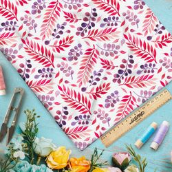 Ткань муслин розовые фиолетовые листья стемпинг