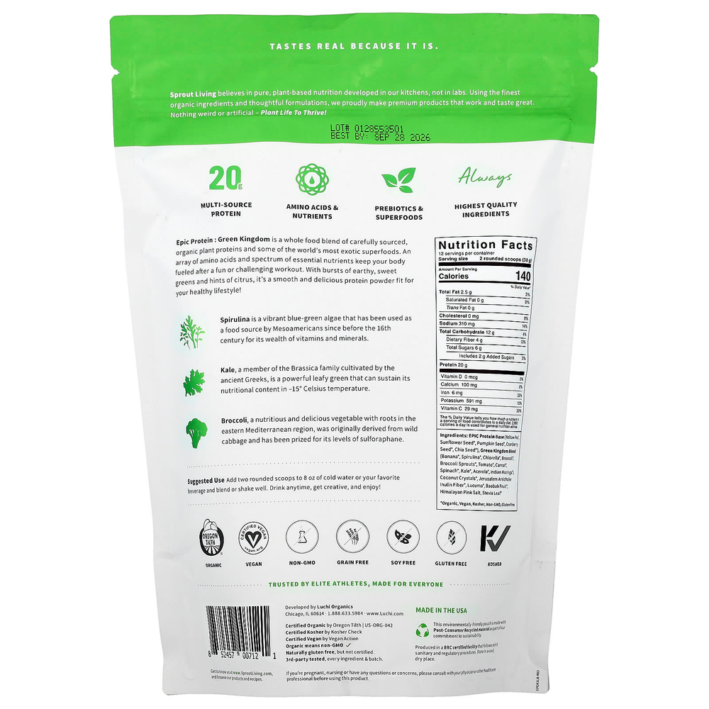 Sprout Living, Epic Protein®, органический растительный протеин и суперпродукты, Green Kingdom, 456 г (1 фунт)