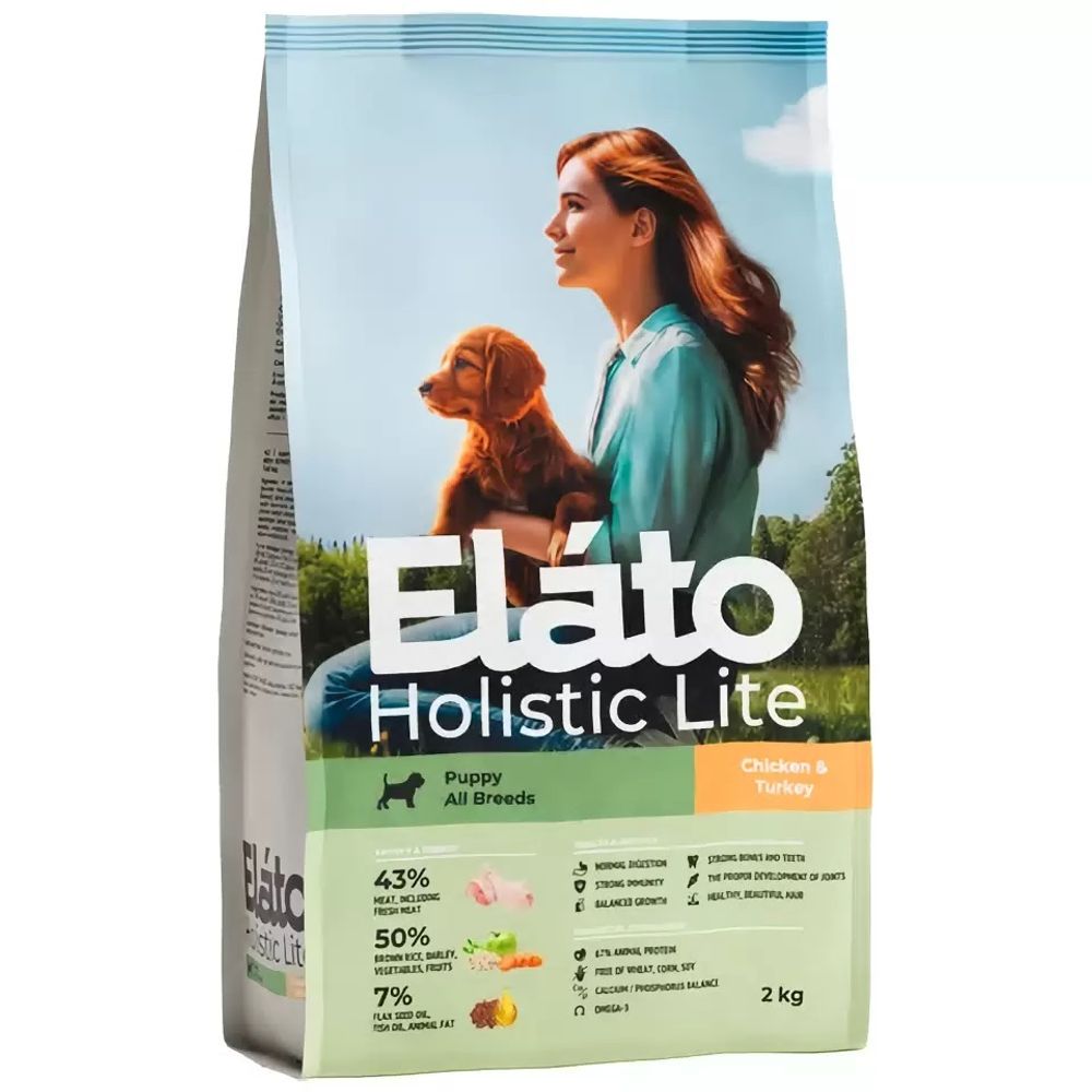 Сухой корм Elato Holistic Lite для щенков всех пород с курицей и индейкой - 2 кг